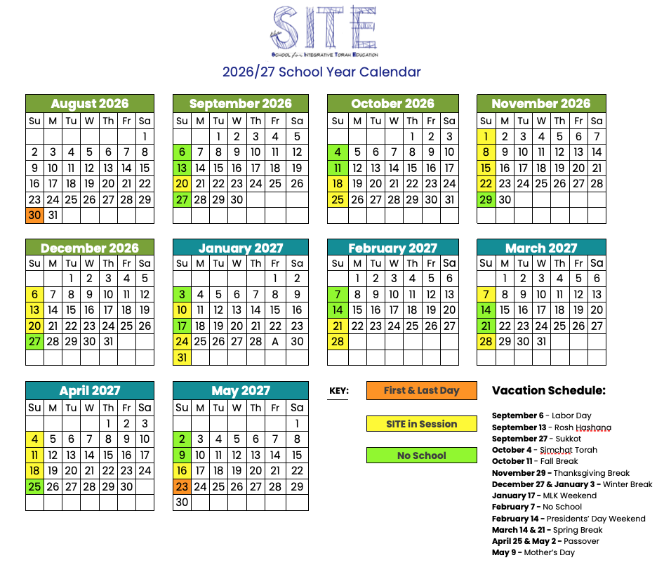 SITE 2026/27 School Year Calendar — first & last day, SITE in session, no-school days and vacation schedule